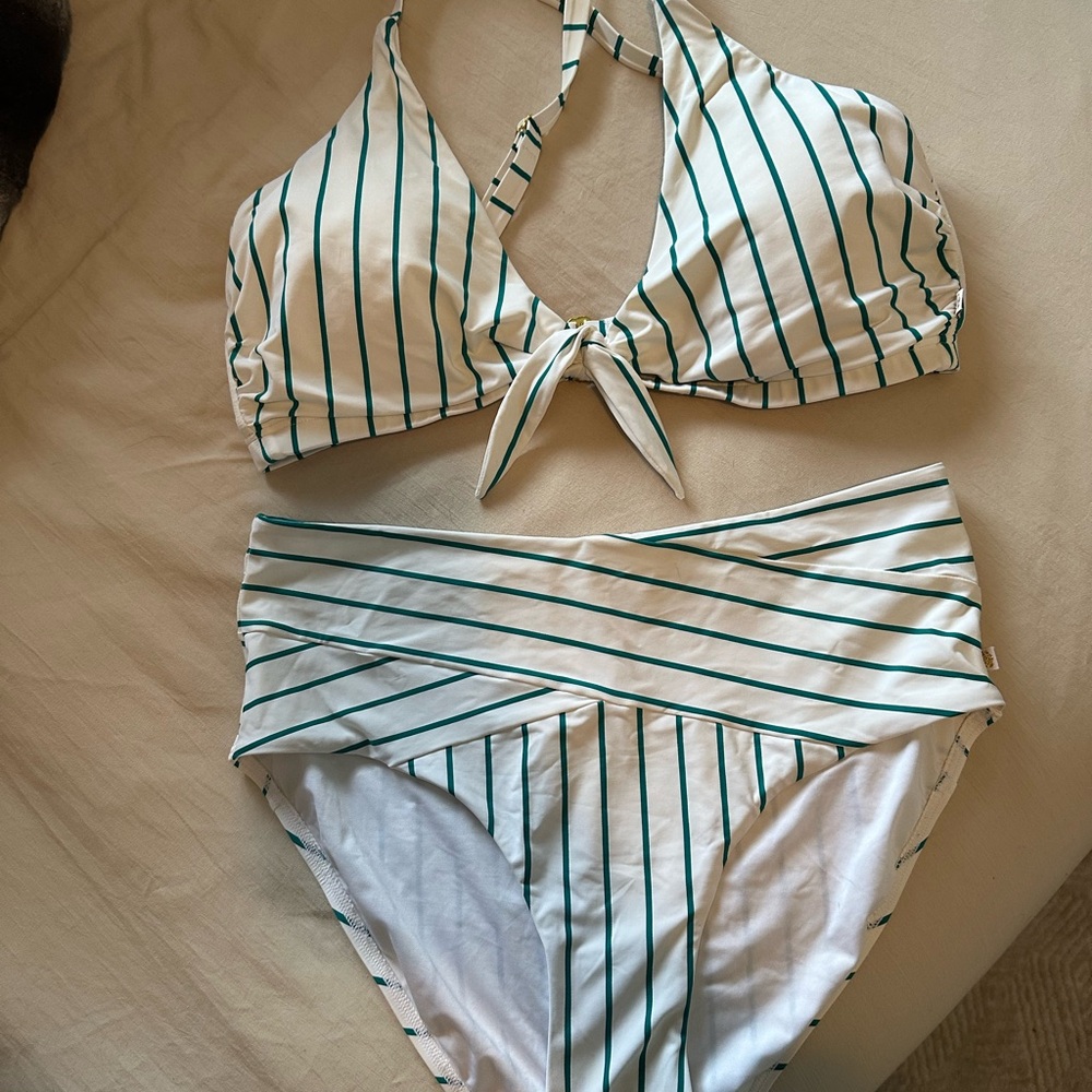 La Vie En Rose White and Green Striped Bikini